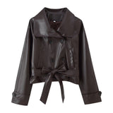 Retro Two-Tone Double-Breasted Leather Jacket with Tie Detail