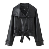Retro Two-Tone Double-Breasted Leather Jacket with Tie Detail