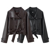 Retro Two-Tone Double-Breasted Leather Jacket with Tie Detail