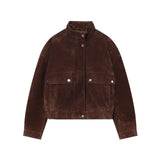 Womens Stand Collar Long Sleeve Suede Jacket